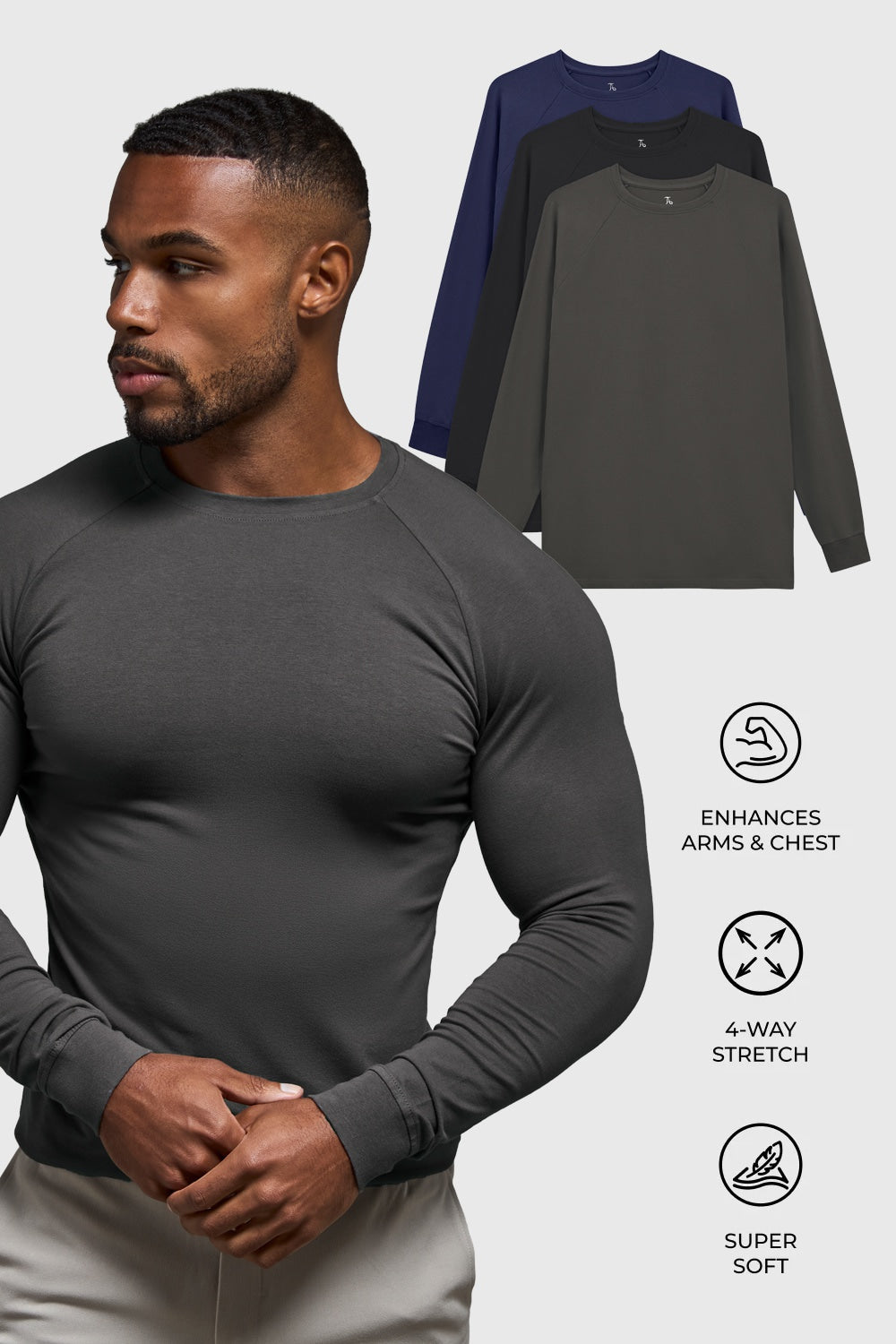 Muscle Fit 3 Pack Long Sleeve T-Shirt in Black, Navy & Charcoal