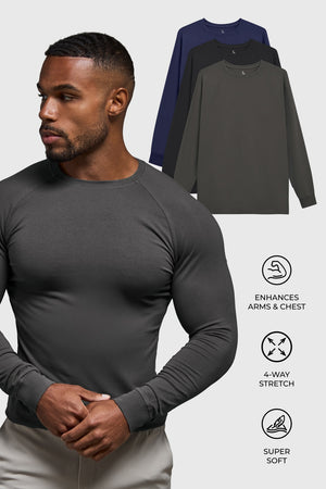 Muscle Fit 3 Pack Long Sleeve T-Shirt in Black, Navy & Charcoal
