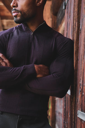 Extra Fine Merino Wool Ribbed Half Zip Neck Jumper in Dark Bordeaux