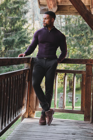 Extra Fine Merino Wool Ribbed Half Zip Neck Jumper in Dark Bordeaux
