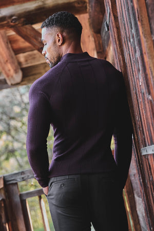 Extra Fine Merino Wool Ribbed Half Zip Neck Jumper in Dark Bordeaux