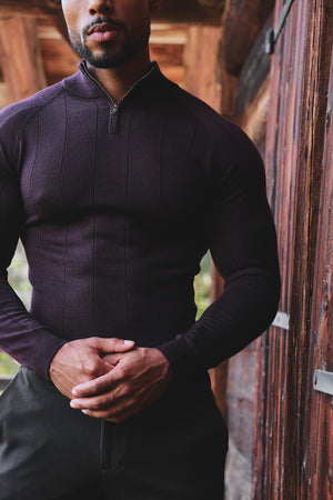 Extra Fine Merino Wool Ribbed Half Zip Neck Jumper in Dark Bordeaux