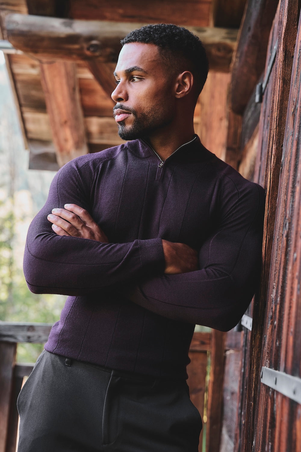 Extra Fine Merino Wool Ribbed Half Zip Neck Jumper in Dark Bordeaux