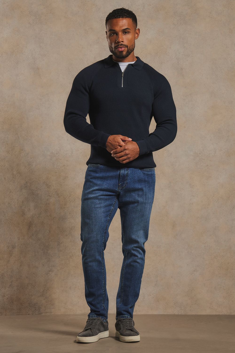 Cotton Textured Knitted Half Zip Polo Shirt in Navy 1