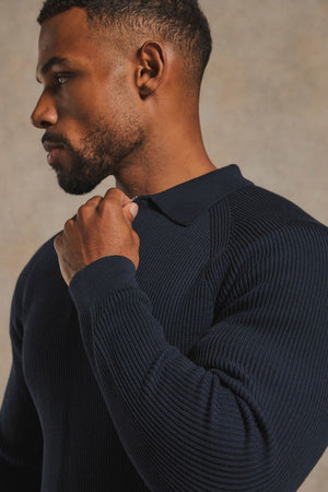 Cotton Textured Knitted Half Zip Polo Shirt in Navy 1