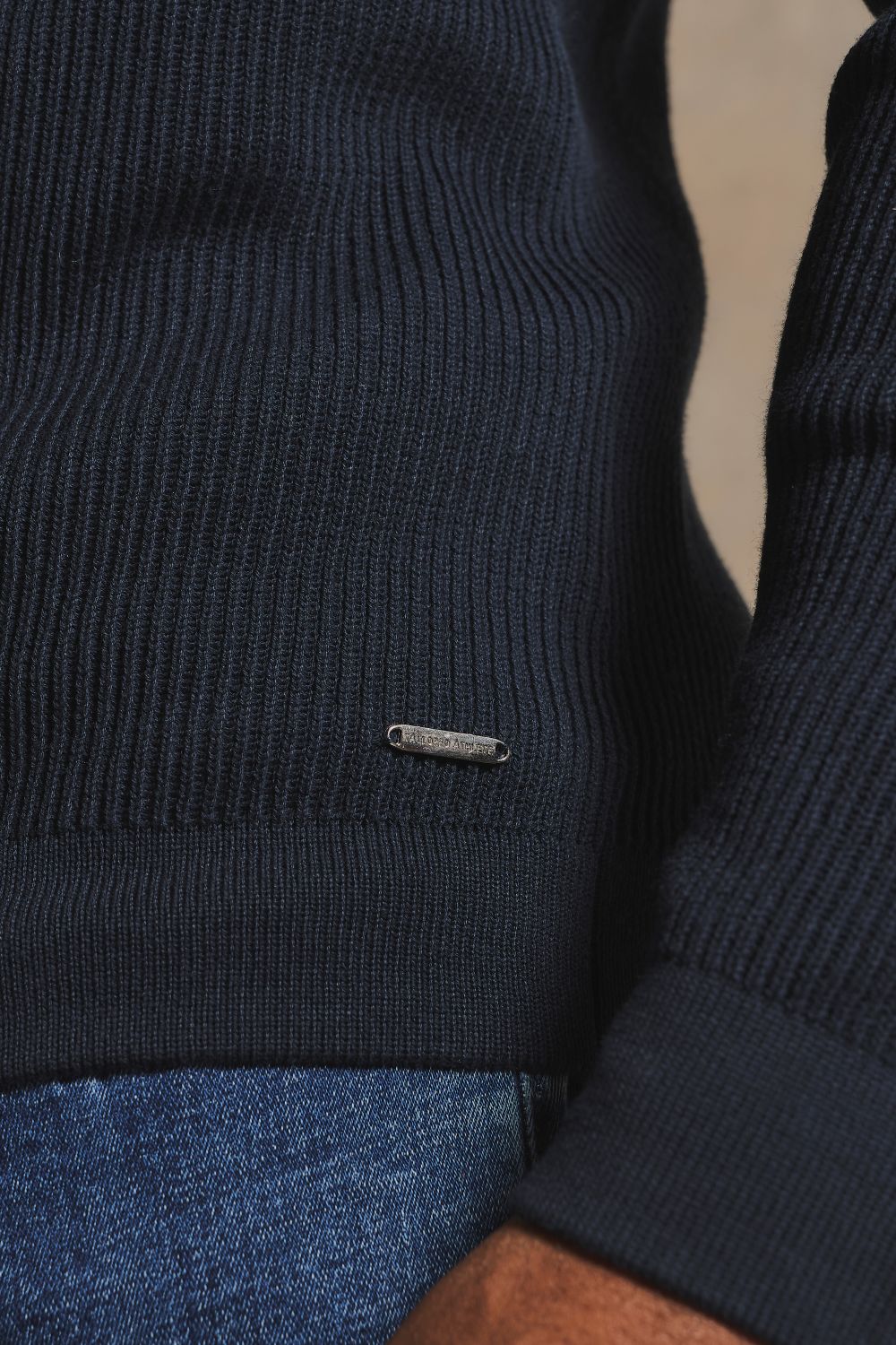 Cotton Textured Knitted Half Zip Polo Shirt in Navy 1