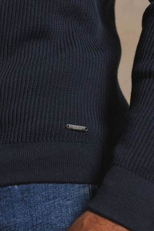 Cotton Textured Knitted Half Zip Polo Shirt in Navy 1