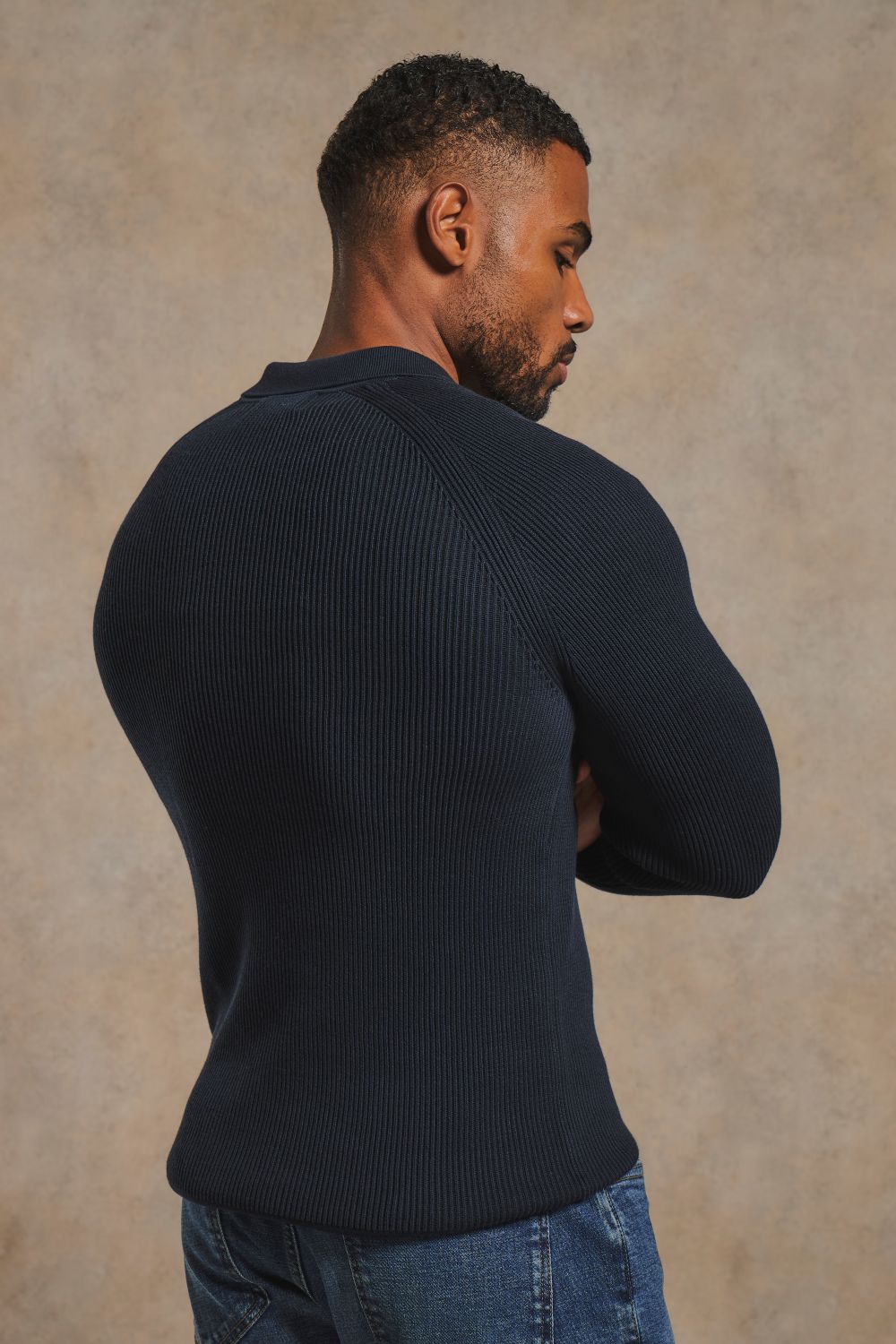 Cotton Textured Knitted Half Zip Polo Shirt in Navy 1