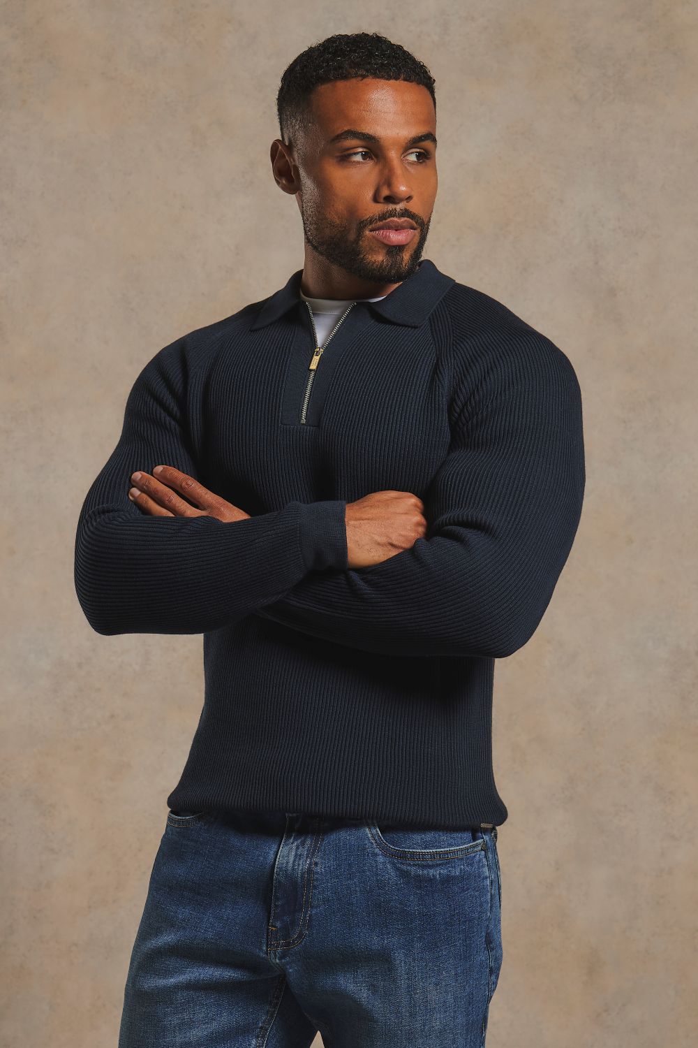 Cotton Textured Knitted Half Zip Polo Shirt in Navy 1