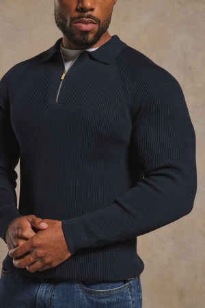Cotton Textured Knitted Half Zip Polo Shirt in Navy 1