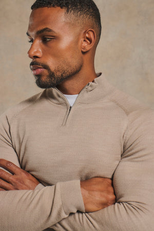 Extra Fine Merino Wool Half Zip Neck Jumper in Neutral Marl