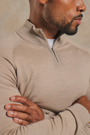 Extra Fine Merino Wool Half Zip Neck Jumper in Neutral Marl