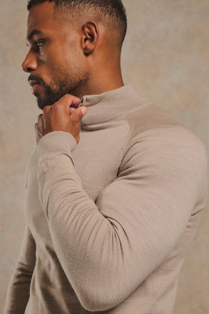 Extra Fine Merino Wool Half Zip Neck Jumper in Neutral Marl