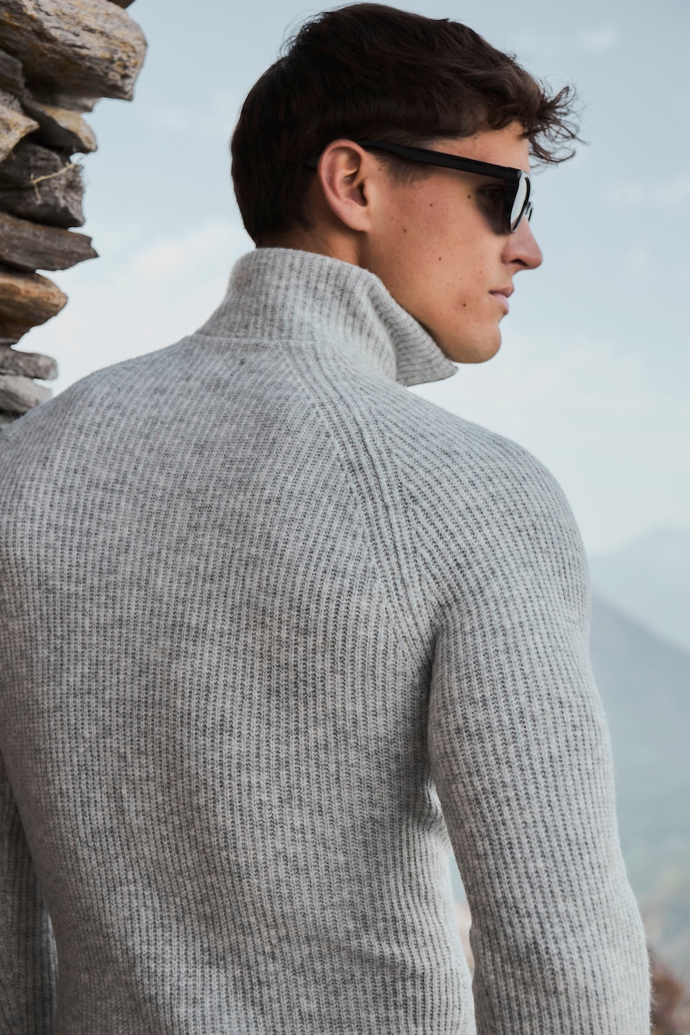 Fisherman Rib Half Zip in Soft Grey Marl