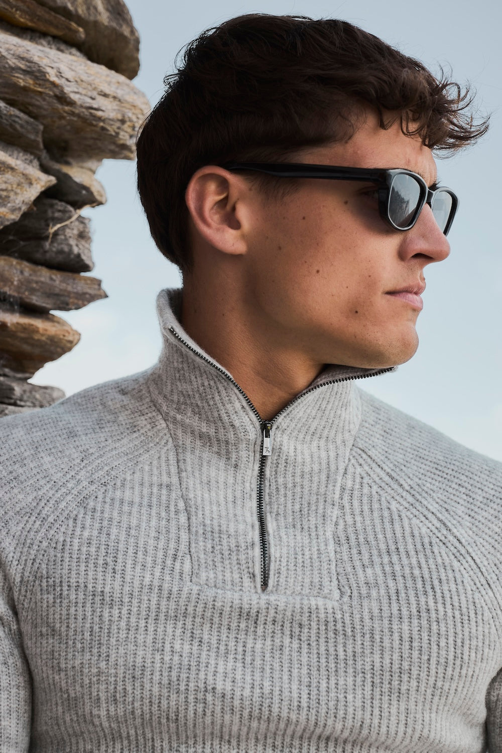 Fisherman Rib Half Zip in Soft Grey Marl