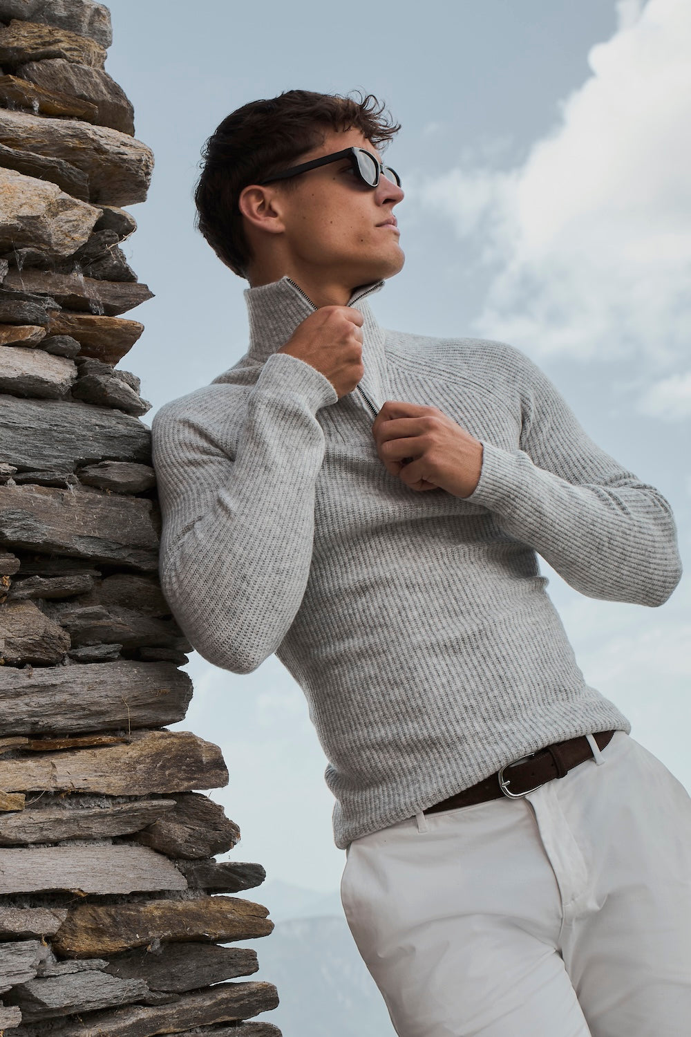 Fisherman Rib Half Zip in Soft Grey Marl