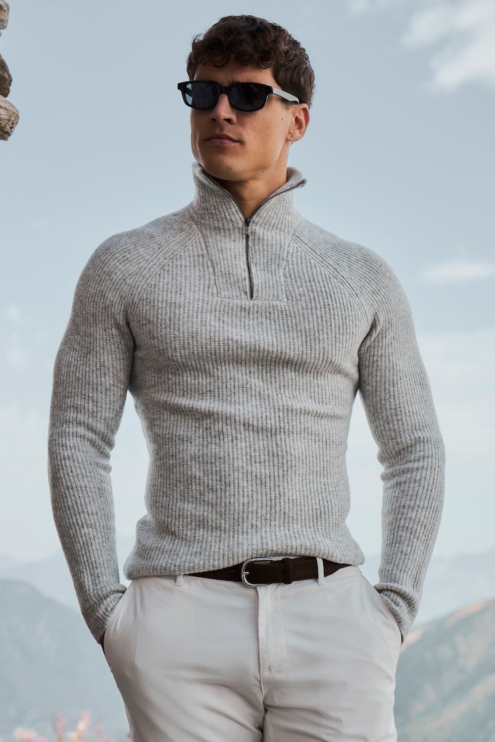 Fisherman Rib Half Zip in Soft Grey Marl