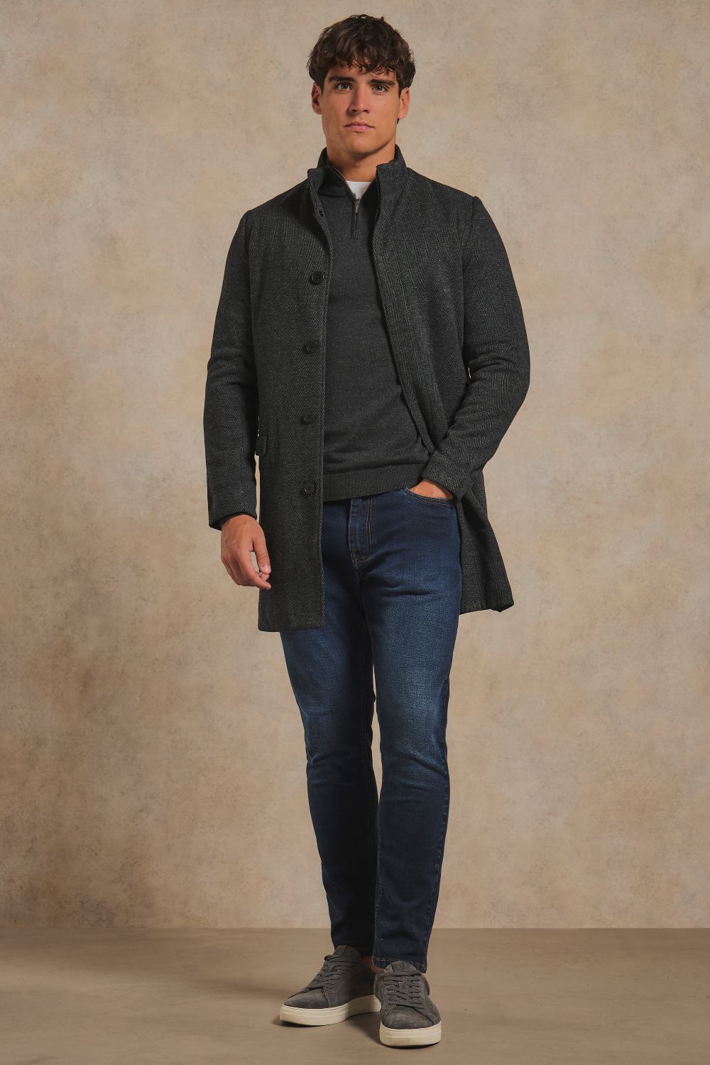Herringbone Funnel Neck Overcoat in Charcoal