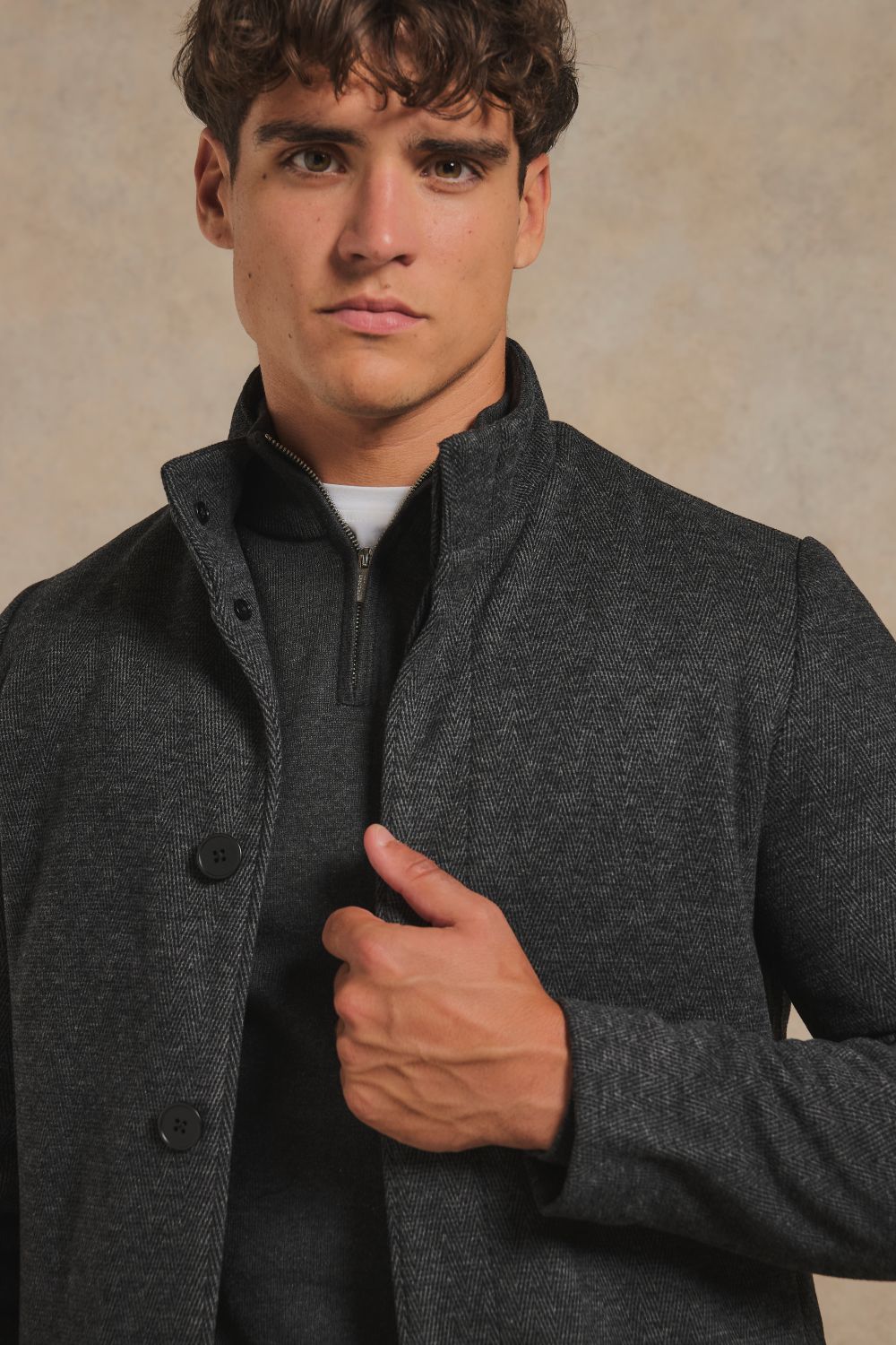 Herringbone Funnel Neck Overcoat in Charcoal