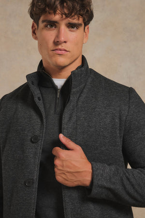 Herringbone Funnel Neck Overcoat in Charcoal