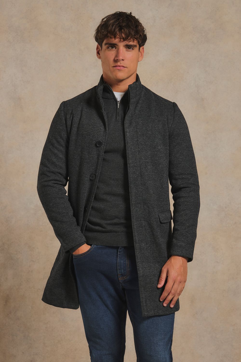 Herringbone Funnel Neck Overcoat in Charcoal