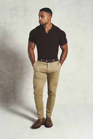 Horizontal Stripe Cotton Knitted Polo Shirt in Chocolate