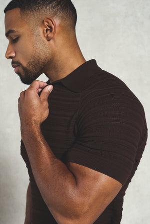Horizontal Stripe Cotton Knitted Polo Shirt in Chocolate