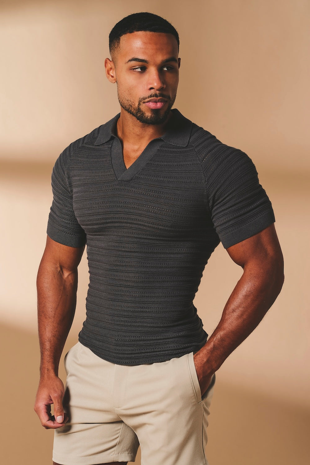 Horizontal Stripe Cotton Knitted Polo Shirt in Grey