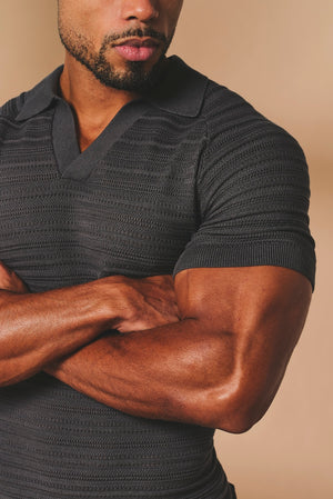 Horizontal Stripe Cotton Knitted Polo Shirt in Grey