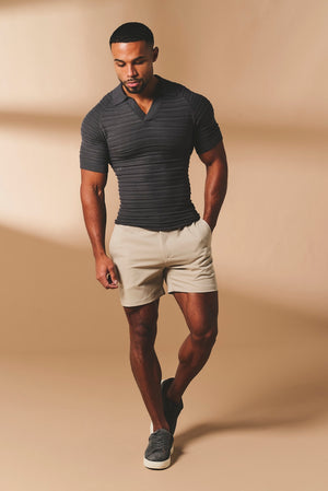 Horizontal Stripe Cotton Knitted Polo Shirt in Grey