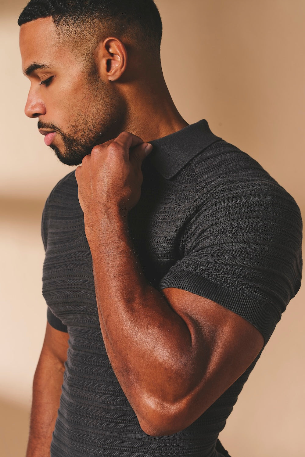 Horizontal Stripe Cotton Knitted Polo Shirt in Grey