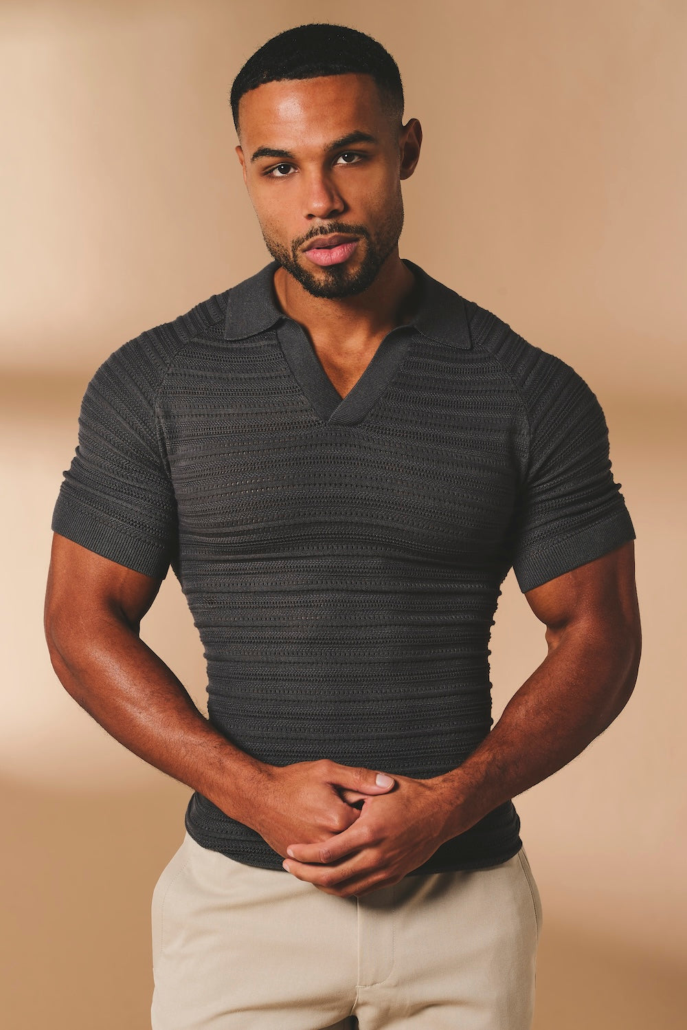 Horizontal Stripe Cotton Knitted Polo Shirt in Grey