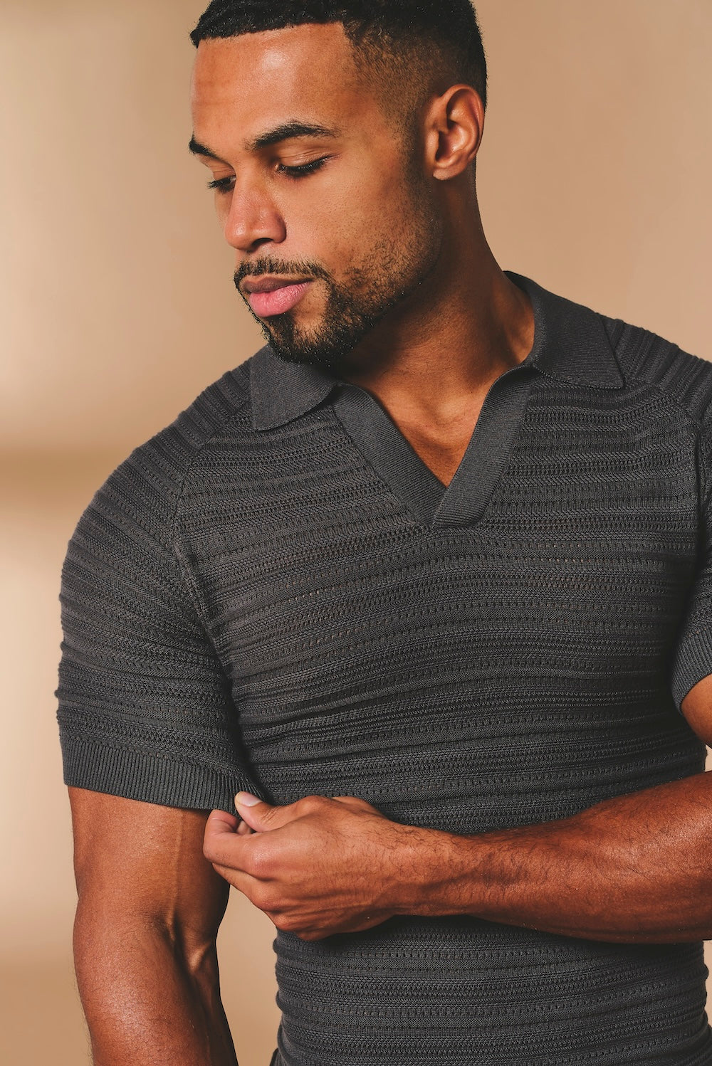 Horizontal Stripe Cotton Knitted Polo Shirt in Grey