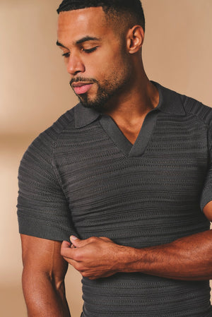 Horizontal Stripe Cotton Knitted Polo Shirt in Grey