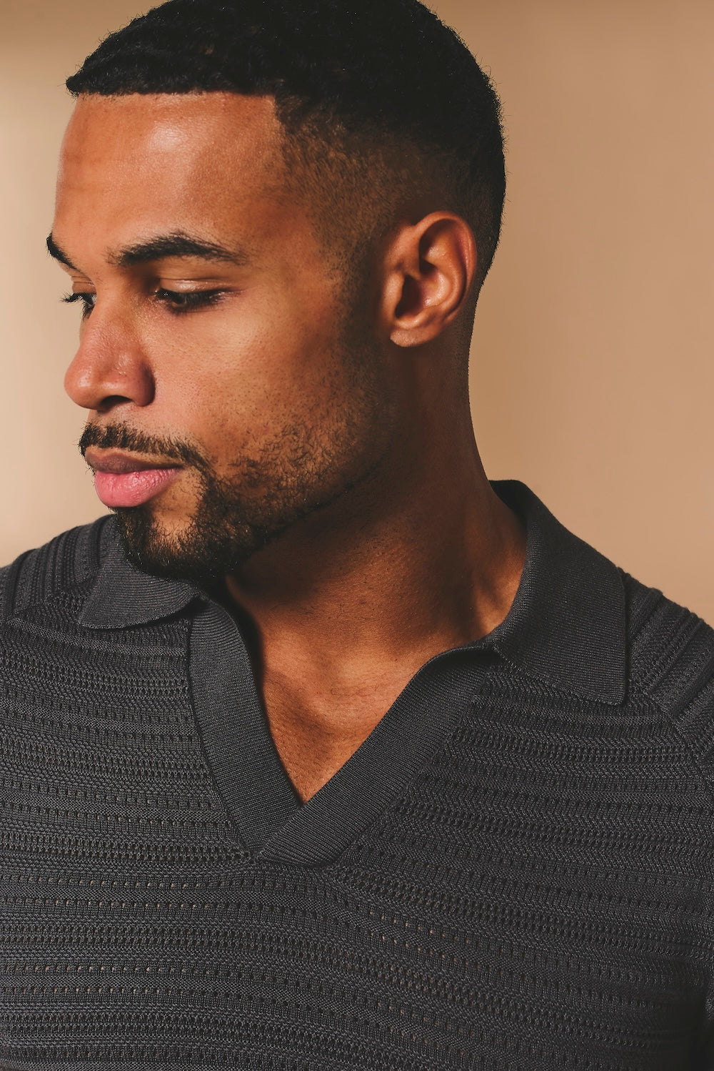 Horizontal Stripe Cotton Knitted Polo Shirt in Grey