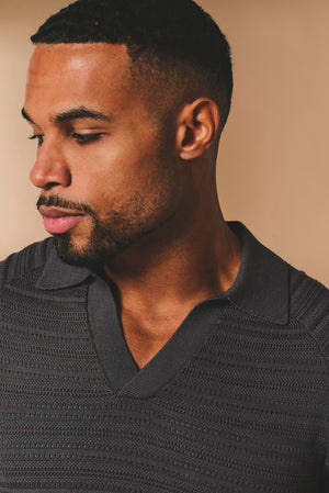 Horizontal Stripe Cotton Knitted Polo Shirt in Grey