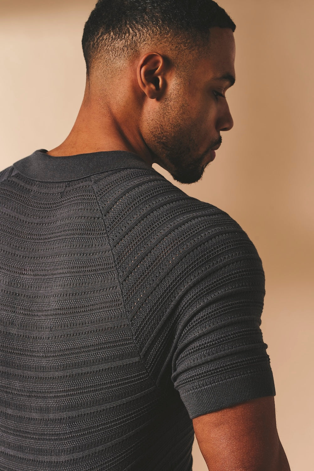 Horizontal Stripe Cotton Knitted Polo Shirt in Grey