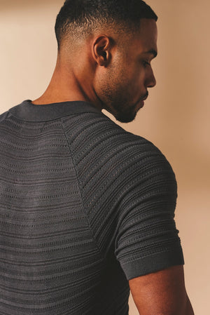 Horizontal Stripe Cotton Knitted Polo Shirt in Grey