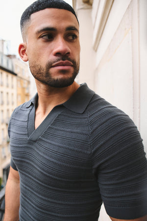 Horizontal Stripe Cotton Knitted Polo Shirt in Grey