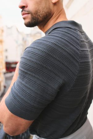 Horizontal Stripe Cotton Knitted Polo Shirt in Grey