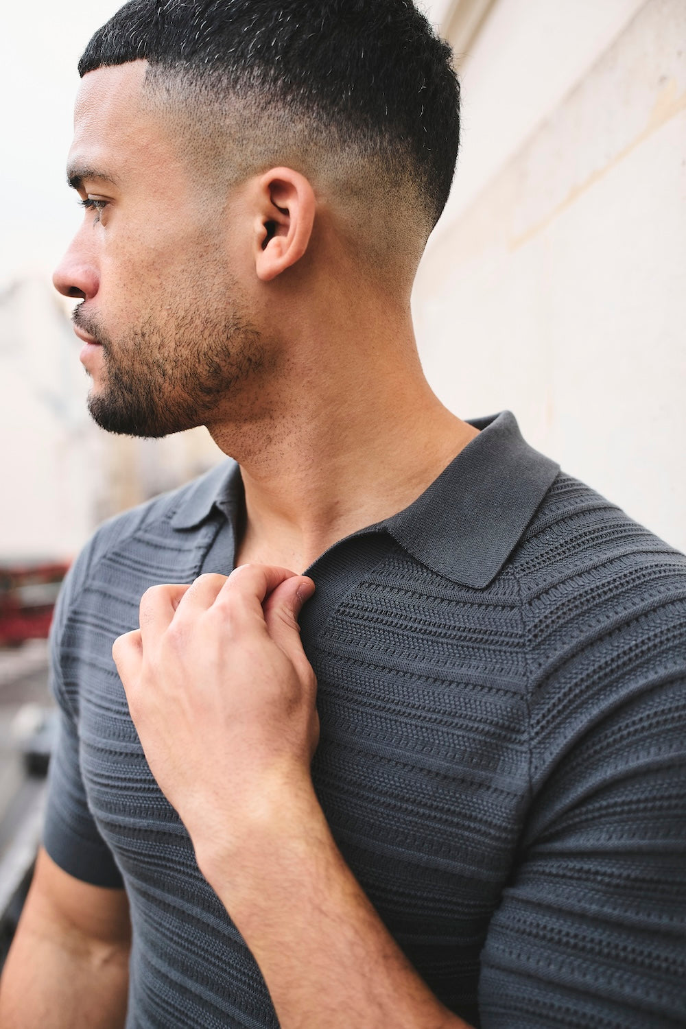 Horizontal Stripe Cotton Knitted Polo Shirt in Grey