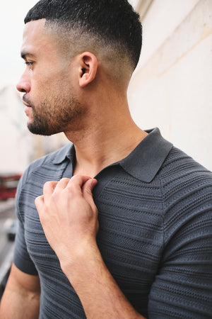 Horizontal Stripe Cotton Knitted Polo Shirt in Grey