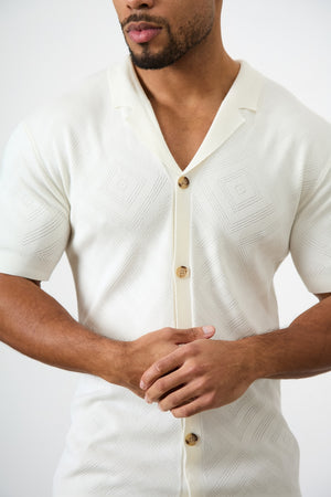 Jacquard Revere Collar Knitted Shirt in Ecru - TAILORED ATHLETE - ROW