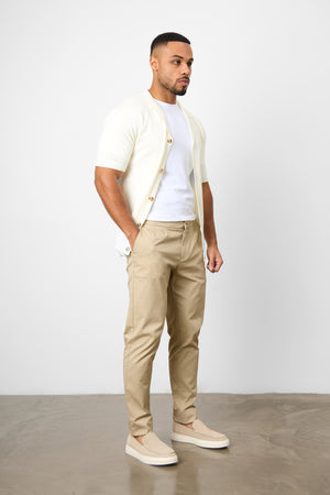 Smart Pleated Cotton Side Adjust Trouser in Stone - TAILORED ATHLETE - ROW