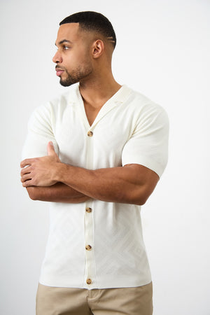 Jacquard Revere Collar Knitted Shirt in Ecru - TAILORED ATHLETE - ROW