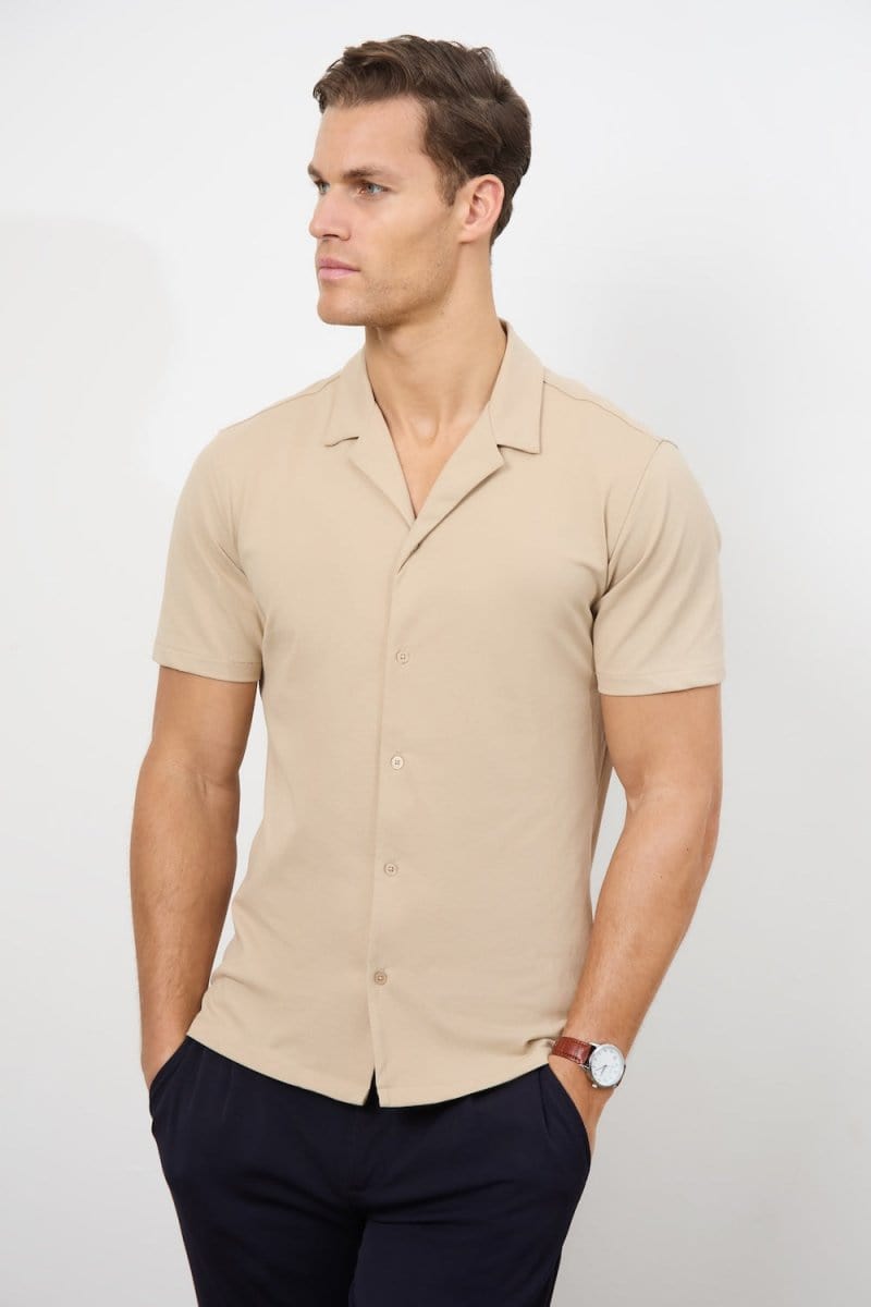 Jersey Cuban Collar Shirt in Stone - TAILORED ATHLETE - ROW