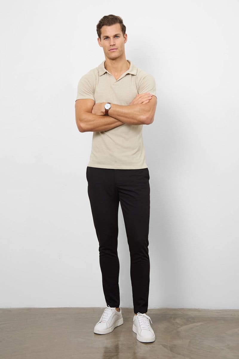Knit Look Open Collar Polo Shirt in Stone - TAILORED ATHLETE - ROW