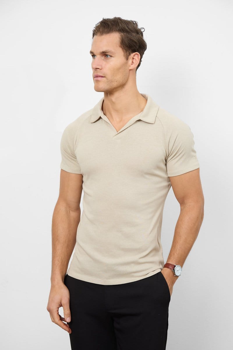 Knit Look Open Collar Polo Shirt in Stone - TAILORED ATHLETE - ROW