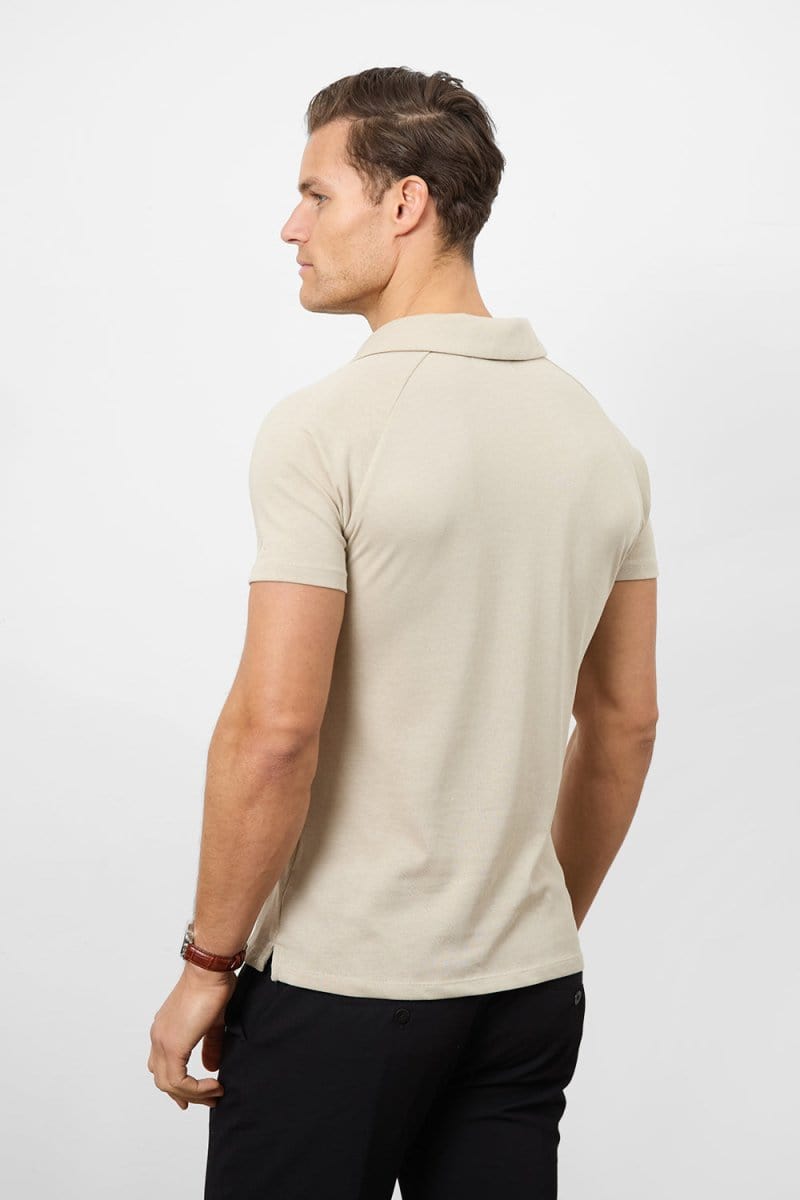 Knit Look Open Collar Polo Shirt in Stone - TAILORED ATHLETE - ROW