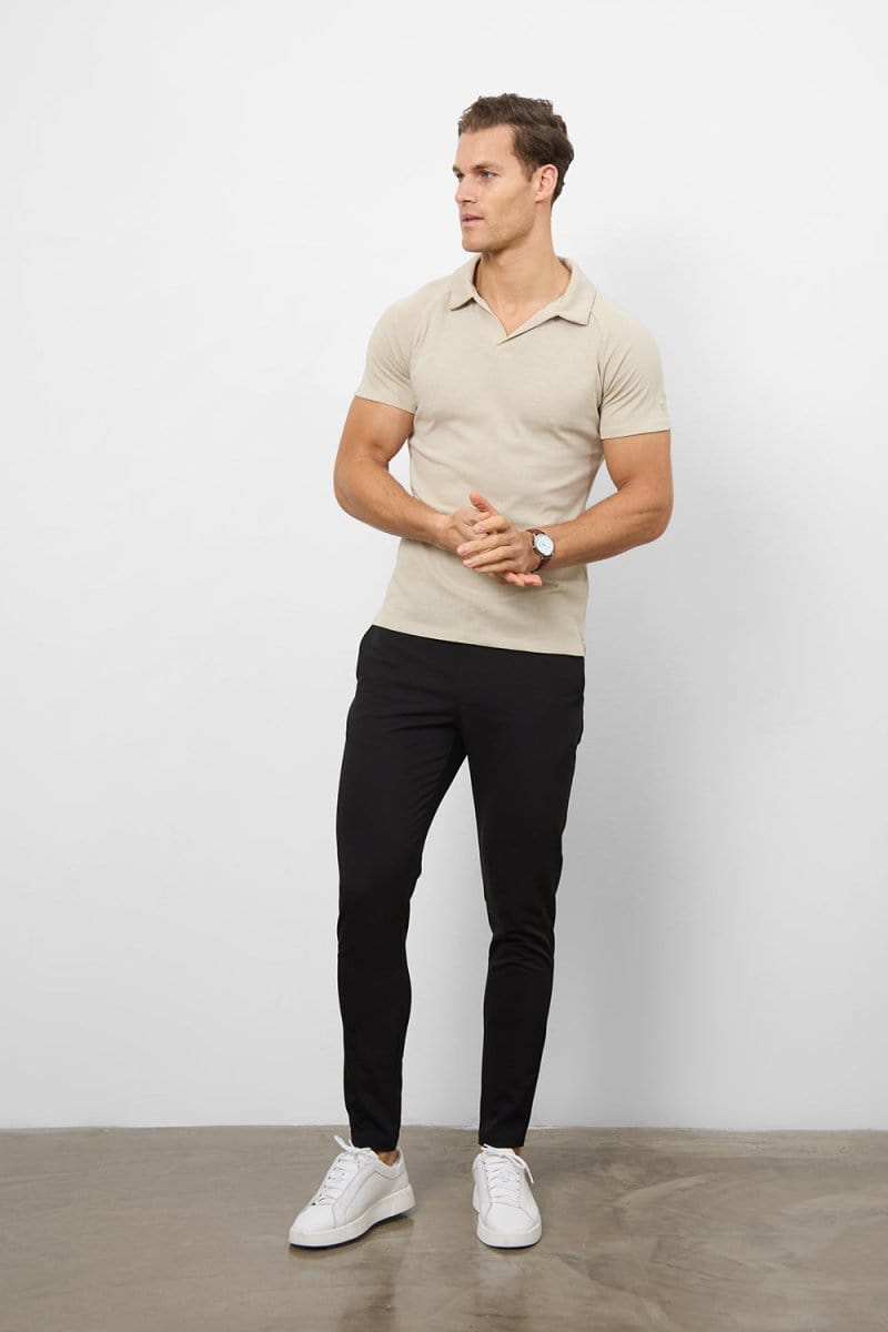 Knit Look Open Collar Polo Shirt in Stone - TAILORED ATHLETE - ROW